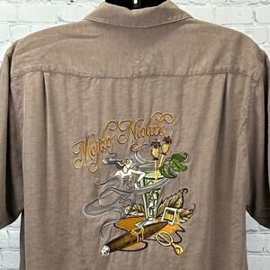 Pacific Beach Clothing Cigar Hawaiian Camp Shirt Embroidered Silk Brown L Large